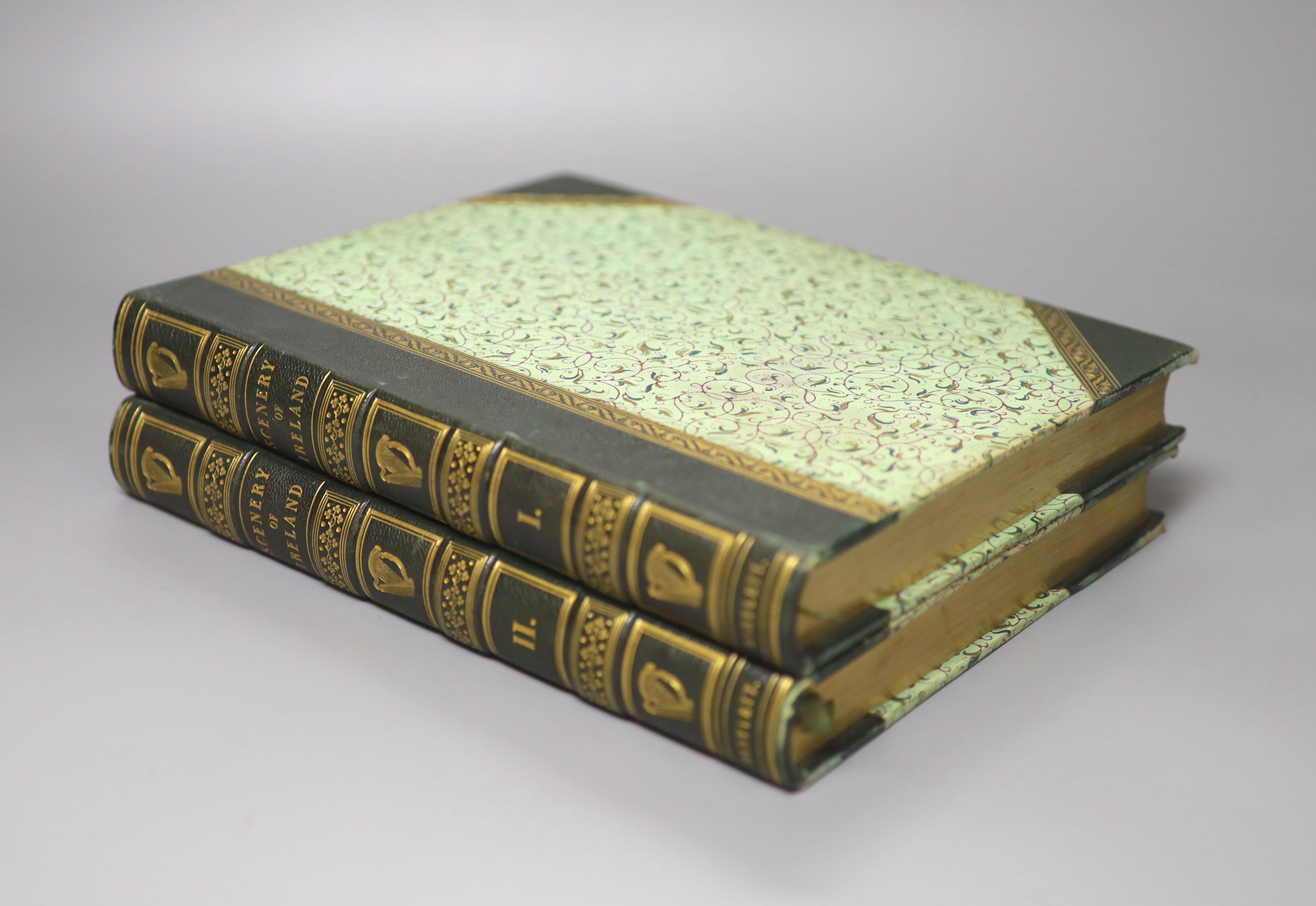 Willis, N.P. & Coyne, J. Stirling - The Scenery and Antiquities of Ireland, 2 vols, engraved pictorial and printed titles, map and 118 plates (by W.H. Bartlett); later 19th century gilt half morocco and patterned boards